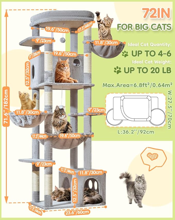 Taoqimiao 72 Inch Cat Tree, XXL Cat Tower for Indoor Cats Large Adult 25Lbs+, Extra-Large Platform, 2 Cat Houses, 7 Scratching Post, Extra-Sized Durable Hammock, Cozy Basket, Light Gray, F20W