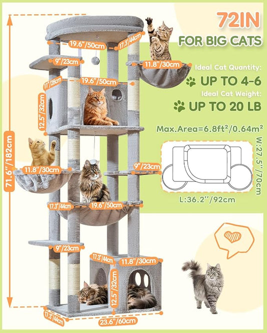 Taoqimiao 72 Inch Cat Tree, XXL Cat Tower for Indoor Cats Large Adult 25Lbs+, Extra-Large Platform, 2 Cat Houses, 7 Scratching Post, Extra-Sized Durable Hammock, Cozy Basket, Light Gray, F20W