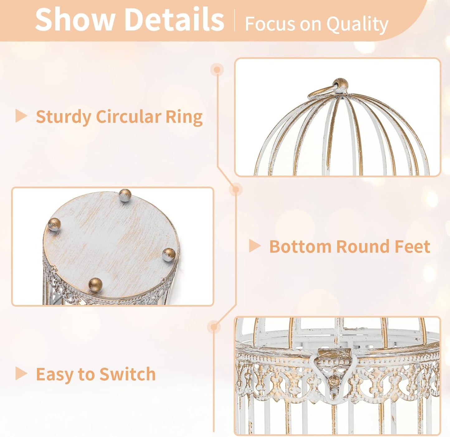 NUPTIO Candle Holders for Pillar Candles: 2 Set of 7.7 inch H Antique White Bird Cages Lantern Wedding Centerpiece Small Metal Hanging Pillars Holder for Bridal Shower Party Table Decorations