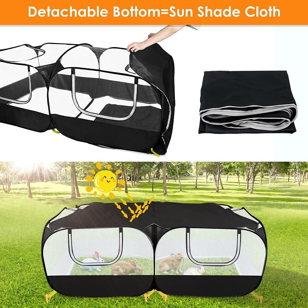 Lukovee Small Animals Playpen, Chicken Pen with Escape-Proof Detachable Bottom & 4 Zipper Doors, Breathable Foldable Portable Large Chicken Run Coop for Puppy Duck Kitten Rabbits Outdoor Yard (Black)