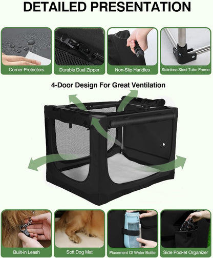 30 Inch Collapsible Travel Dog Crate for Medium Large Dogs, Portable Dog Crate 4-Door Foldable Soft Kennel with Durable Mesh Windows for Indoor & Outdoor Travel, with Storage Bag,Black