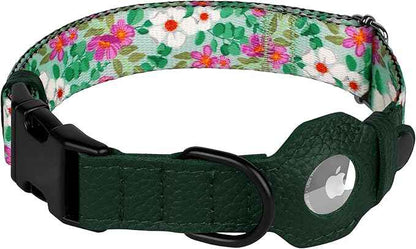 AirTag Dog Collar with Metal Buckle - Printed Nylon Soft Leather Dog Collar with Apple AirTag Holder - Secure Tracking GPS Pet Collars for Girl Boy Small Large Dogs (L, 17"-21" Neck Fit, Floral)