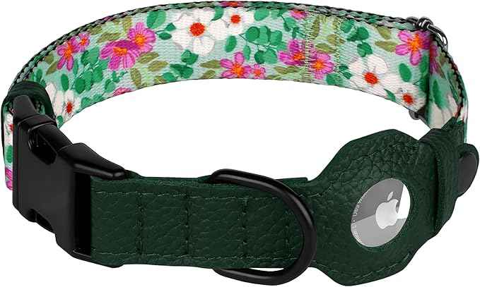 AirTag Dog Collar with Metal Buckle - Printed Nylon Soft Leather Dog Collar with Apple AirTag Holder - Secure Tracking GPS Pet Collars for Girl Boy Small Large Dogs (M, 14"-18" Neck Fit, Floral)