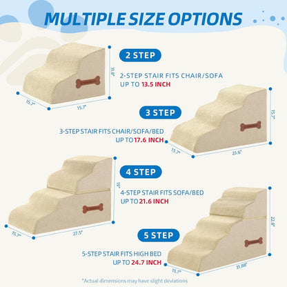 Dog Stairs 4 Steps for Small Dogs and Cats to Get on High Beds, Couch or Car, Pets Can Climb, Sit, Lie Down or Perch to Look Out Windows on The Spliceable Ramp, Provides Support, Beige（19" H）