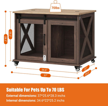 Dog Crate Furniture,37 Inch Indoor Dog Cage with Sliding Barn Door, Flip Top Dog Kennel End Table with Removable Divider, Farmhouse Wooden Pet House for Small to Middle Size Dogs