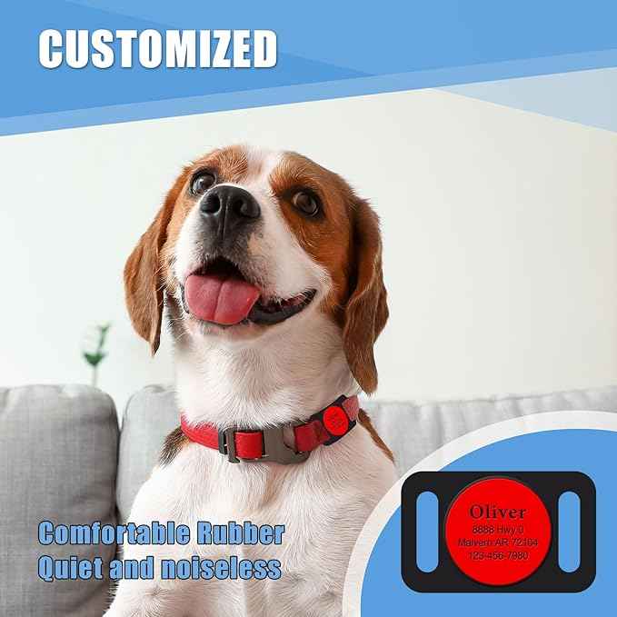 Personalized Engraved Compatible with Airtag Pet Collar Holder,Slide On Compatible with Airtag Case,Adjustable Dog Collar Pet ID Tag,Custom Name Phone for S, M, Large Dogs and Cats (Large Red)