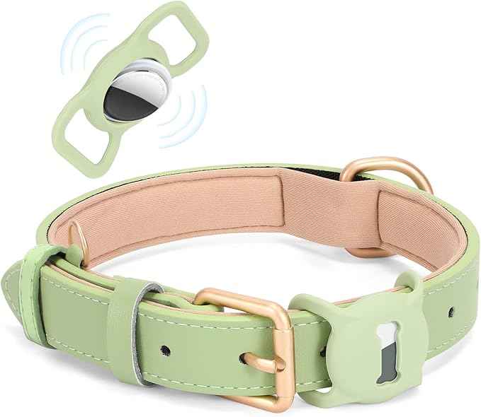Airtag Leather Dog Collar for Small Medium Large Dog Adjustable Soft Padded Air Tag Puppy Collar Heavy Duty Metal Buckle Collar with Anti-Lost Airtag Holder Protective Case,XS,Green