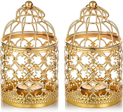 2 Pcs Small Metal Tealight Hanging Birdcage Lantern, Vintage Decorative Centerpieces of Wedding, Party, Gold