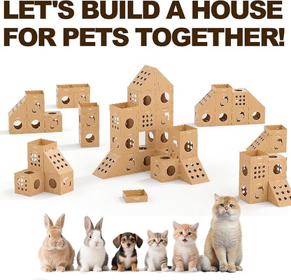 DIY Cat Scratcher Cardboard House, Scratching Cat Play House, a Versatile Box, Indoor Kitty Scratcher Hideout for One or More Cats Brown, Cat Tower Castle Tunnel 10 Parts
