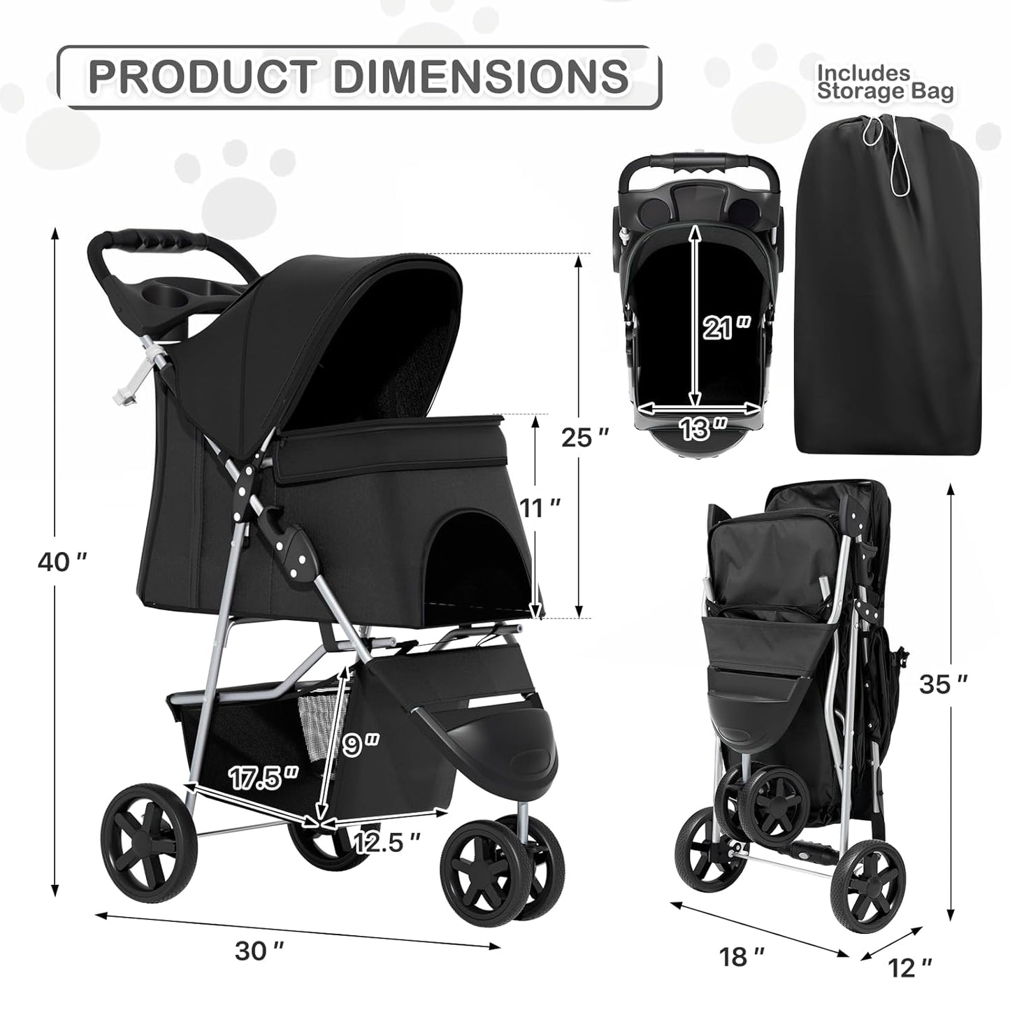MoNiBloom Foldable Pet Stroller with Weather Cover, 3 Wheels Pet Strolling Cart for Small/Medium Dogs and Cats with Storage Basket and Cup Holder, Breathable and Visible Mesh for All-Season, Black - Pawvie