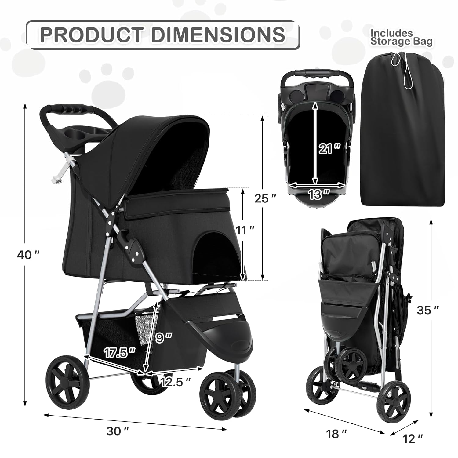 MoNiBloom Foldable Pet Stroller with Weather Cover, 3 Wheels Pet Strolling Cart for Small/Medium Dogs and Cats with Storage Basket and Cup Holder, Breathable and Visible Mesh for All-Season, Black - Pawvie