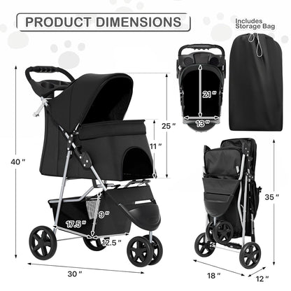 MoNiBloom Foldable Pet Stroller with Weather Cover, 3 Wheels Pet Strolling Cart for Small/Medium Dogs and Cats with Storage Basket and Cup Holder, Breathable and Visible Mesh for All-Season, Black - Pawvie