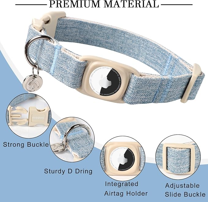 DOGWONG Airtag Cotton Hemp Dog Collar, Heavy-Duty Dog Collar with Airtag Holder Blue Natural Fabric Pet Collars for Small Medium Large Dogs