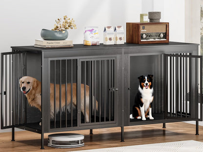 78 Inch Dog Cage Furniture for 2 Large/Medium Dogs with Removable Divider, Extra Large Double Doors Dog Kennel, XXL Thick Wooden Dog cage Furniture, Durable and Sturdy, Dark Grey