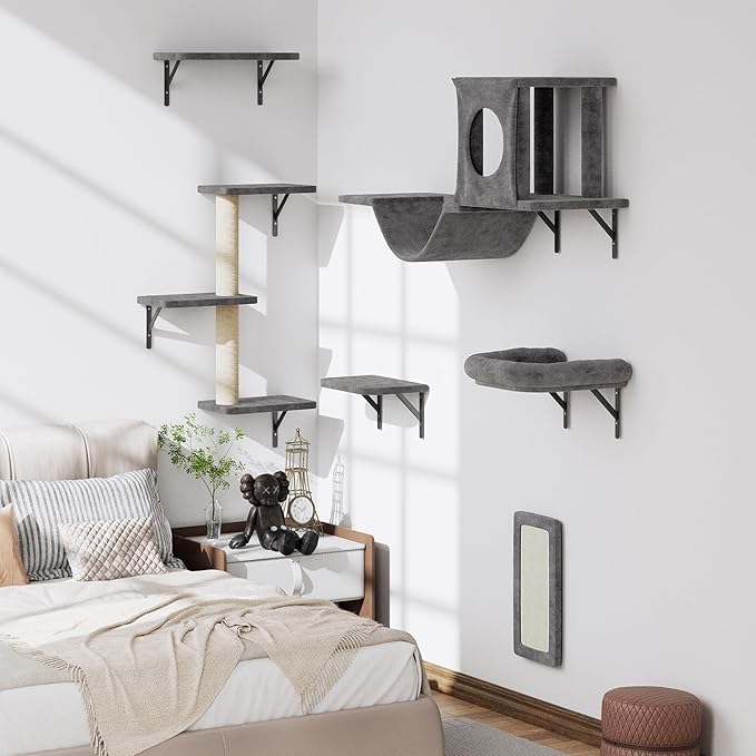 NUNU LAB Wall Mounted Cat Wall Shelves, 12-in-1 Cat Wall Climber with Condos House, Scratching Post, Bridge Ladder, Indoor Space-Saving Furniture for Kittens Play, Dark Gray