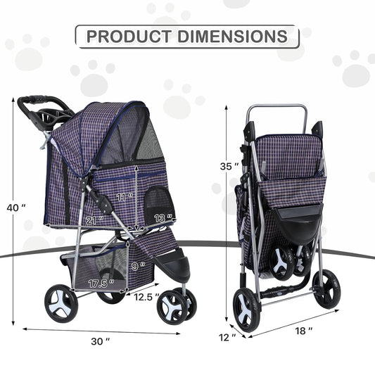 MoNiBloom 3 Wheels Pet Dog Cat Stroller for Small Medium Dogs Cats, Lightweight Foldable Jogger Stroller w/Storage Basket and Cup Holder, Plaid - Pawvie