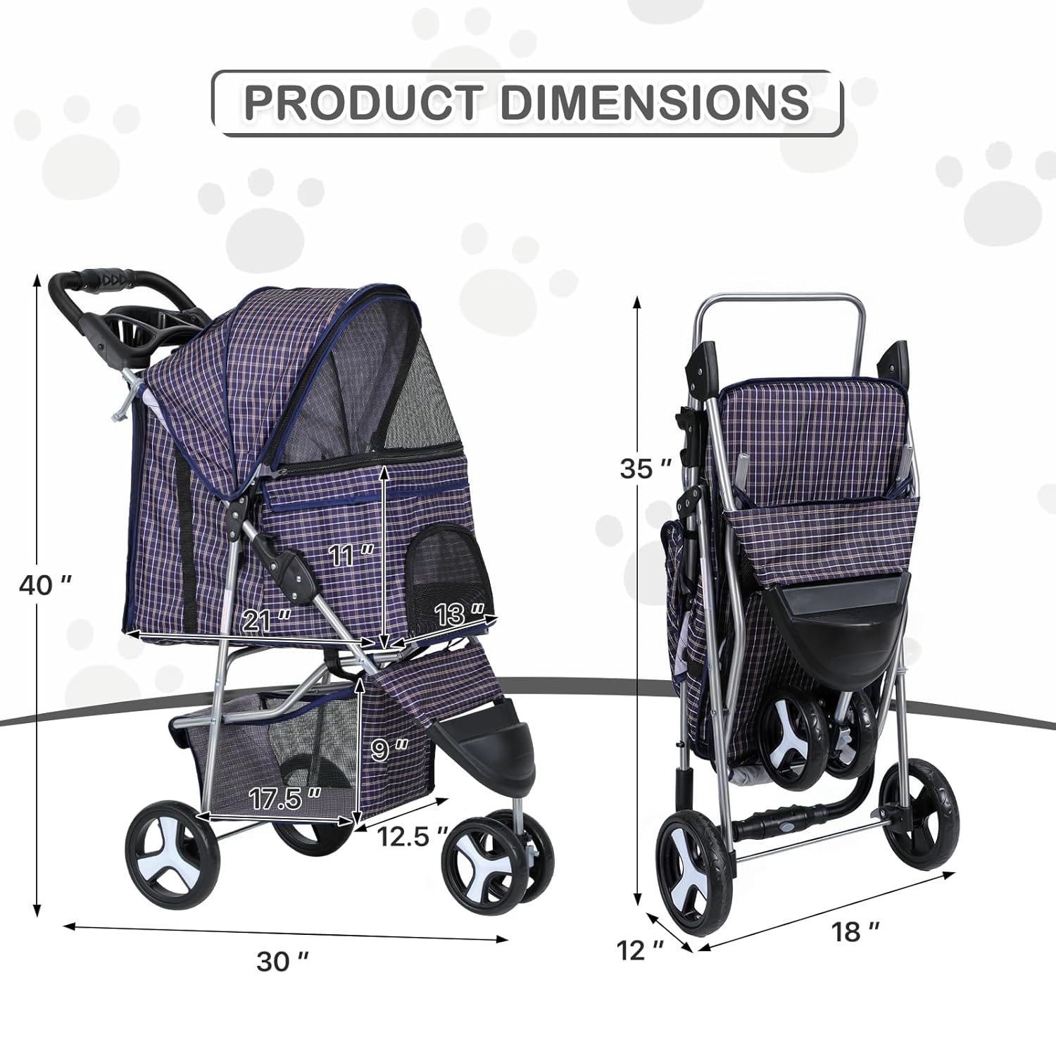 MoNiBloom 3 Wheels Pet Dog Cat Stroller for Small Medium Dogs Cats, Lightweight Foldable Jogger Stroller w/Storage Basket and Cup Holder, Plaid - Pawvie