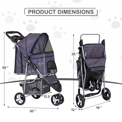 MoNiBloom 3 Wheels Pet Dog Cat Stroller for Small Medium Dogs Cats, Lightweight Foldable Jogger Stroller w/Storage Basket and Cup Holder, Plaid - Pawvie