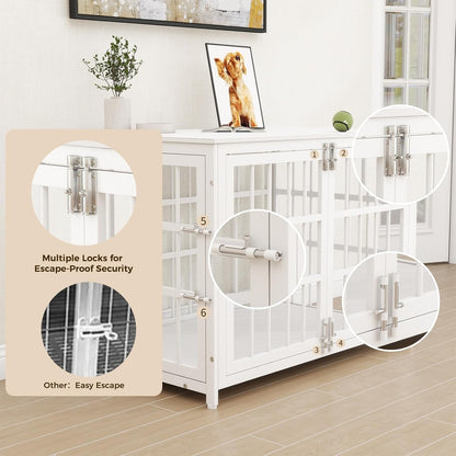 38 Inch Heavy Duty Wooden Dog Kennel End Table with Double Door Design and Secure Locks, Indoor Pet Crate Furniture for Medium Dogs, Decorative Home Cage Design,White
