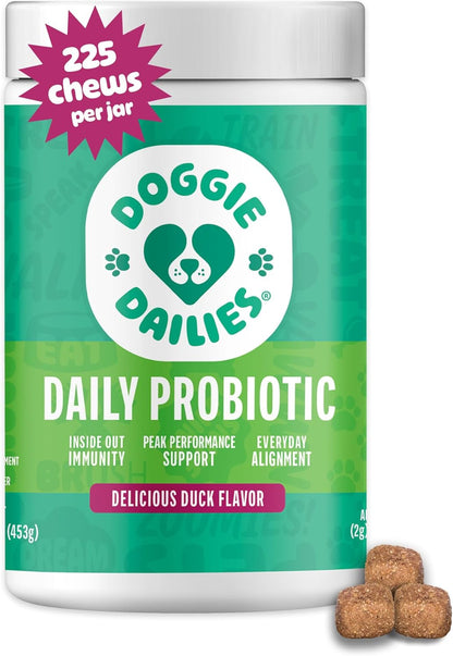 Doggie Dailies Probiotics for Dogs, Advanced Probiotics with Prebiotics, Promotes Digestive Health, Supports Immune System & Overall Health, Duck Flavor, 225 Chews