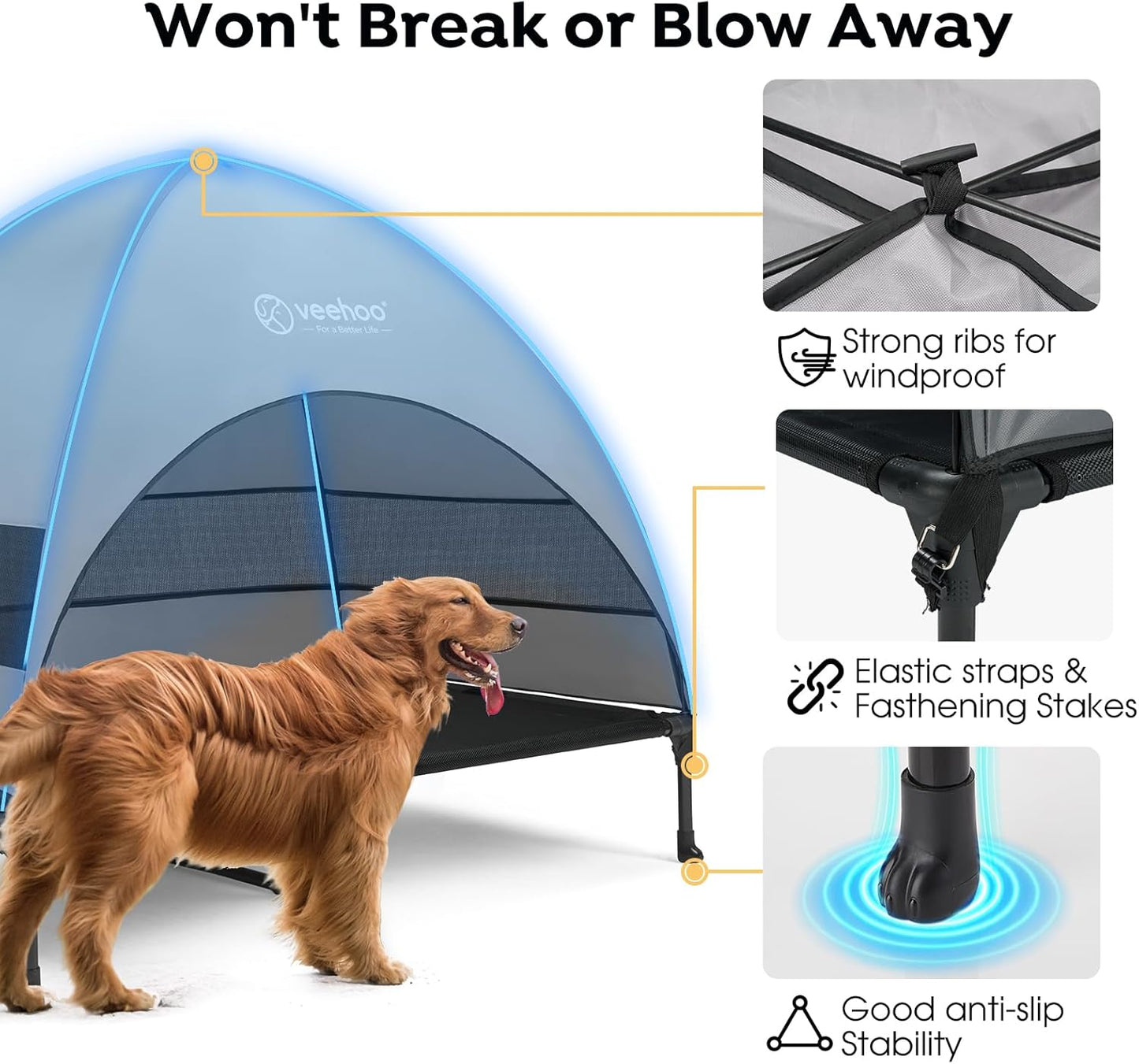 Veehoo Outdoor Dog Bed with Canopy, Cooling Elevated Pet Cot with Removable Shade, Non-Slip Feet, Raised Dog Cot for Large Dogs, Pet Tent Bed for Camping, Beach, Large, Black, CWC2411 - Pawvie