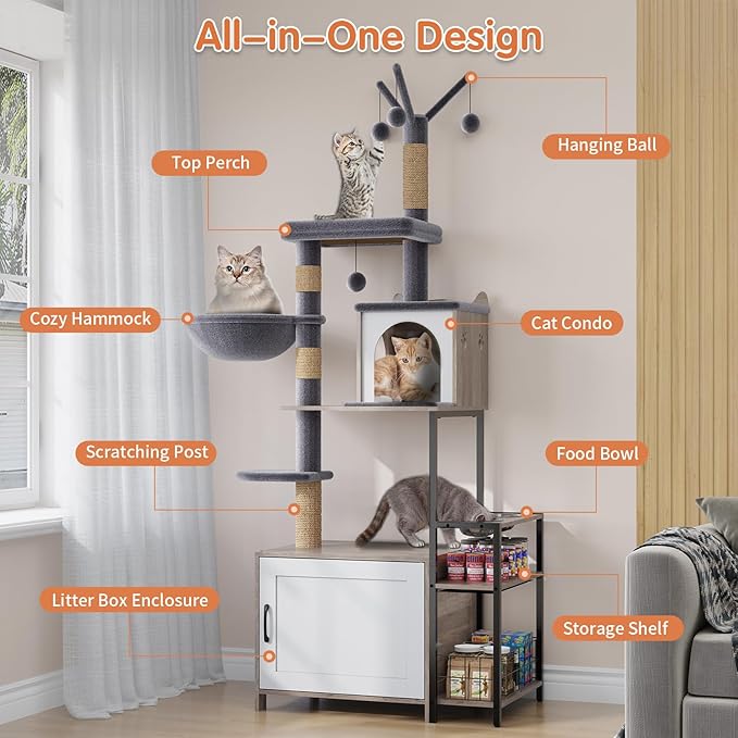 HavenlyYouth Cat Tree with Food Station and Litter Box Enclosure, Multi-Level Cat Tree Tower with Sisal Scratch Posts for Playtime, Plush Hammock in Gray for Cozy