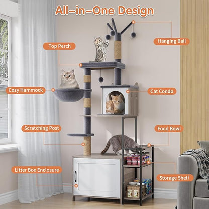 HavenlyYouth Cat Tree with Food Station and Litter Box Enclosure, Multi-Level Cat Tree Tower with Sisal Scratch Posts for Playtime, Plush Hammock in Gray for Cozy