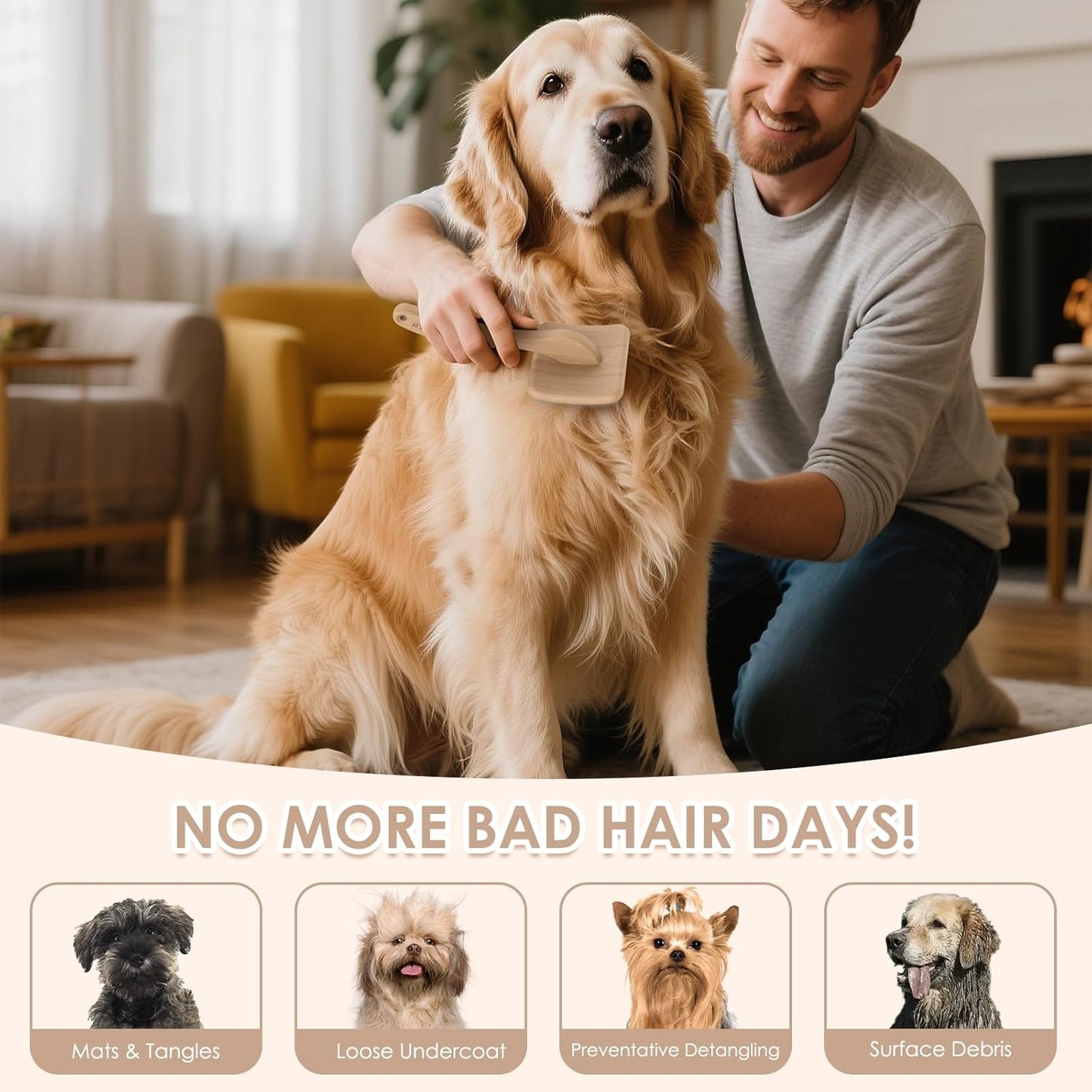 Large Slicker Brush for Dogs - 3PC Pet Grooming Kit - Undercoat Rake & Stainless Comb | Long Pins Remove Mats on Poodles, Golden, Labradoodles | Thick Coat Deshedder for Dogs, Cats, Oak