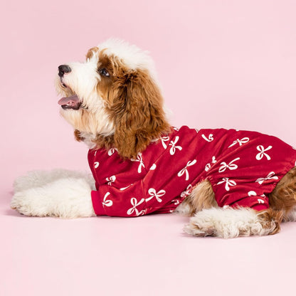 Fitwarm Bowknot Dog Pajamas, Warm Clothes for Small Dogs Girl, Fleece Pet Onesie with Feet, Burgundy Red, White, Small