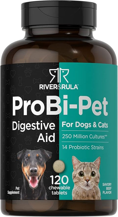 Horbaach Probiotics for Dogs & Cats | Digestive Health Pet Supplement | 120 Chewable Tablets | with 14 Probiotic Strains | Savory Beef Flavor | by River & RULA