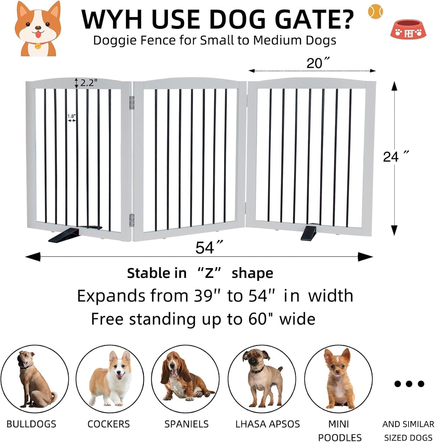ZJSF Freestanding Panel Dog Gate for Indoor, Doorways,Stairs, or Hallways,Foldable Wooden White Pet Gates for House,Pet Gate for Dogs,Dog Fence, Puppy Gate,Support Feet Included,24 "Height-3 Panels