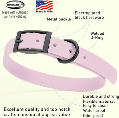 Dogline Biothane Waterproof Dog Collar Strong Coated Nylon Webbing with Black Hardware Odor- Proof for Easy Care Easy to Clean High Performance Fits Small Medium or Large Dogs, Pastel Purple