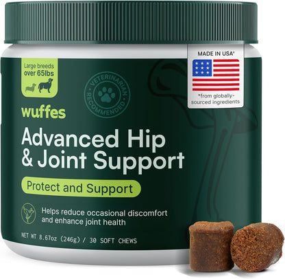 Wuffes Advanced Dog Hip and Joint Supplement with Glucosamine, Chondroitin, Omega 3, MSM, and Green Lipped Mussel, 30 Pork Flavored Chews for Large Dog Breeds