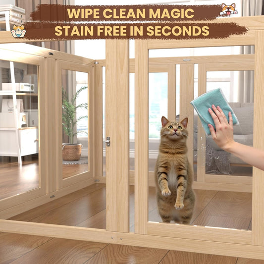 10 Panels Dog Playpen with Door, 23.6" H Pet Playpen Indoor, Clear Acrylic Puppy Playpens, Wooden Puppy Fence with Gate, Transparent Dog Pens, Pet Pen Indoor for Dogs, Cats, Rabbit (Wood)