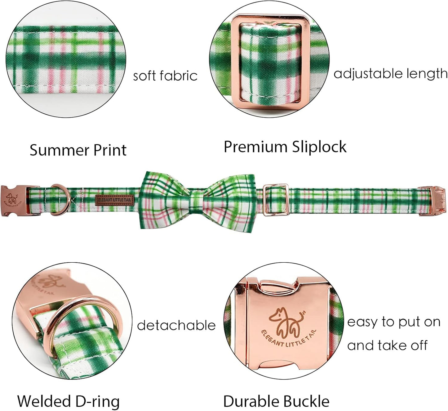 Elegant Little Tail Dog Collar with Bow - Pink with Green Plaid, Cute Bowtie, Adjustable for Medium Dogs