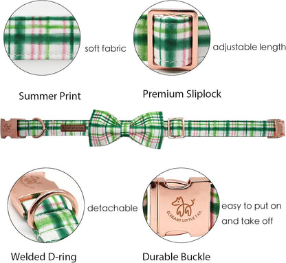 Elegant little tail Dog Collar with Bow - Pink with Green Plaid Boy or Girl Dog Collar Cute Bowtie Pet Collar Adjustable Dog Collar for Small Puppy