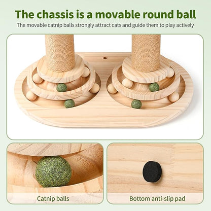 Fun Cat Tree Tower 23" Tall, 4-in-1 Interactive Cat Scratching Post with Sisal Scratcher, Trackball Chaser Toys & Dangling Plush Balls, Vertical Play Focused Cat Furniture for Indoor Kittens