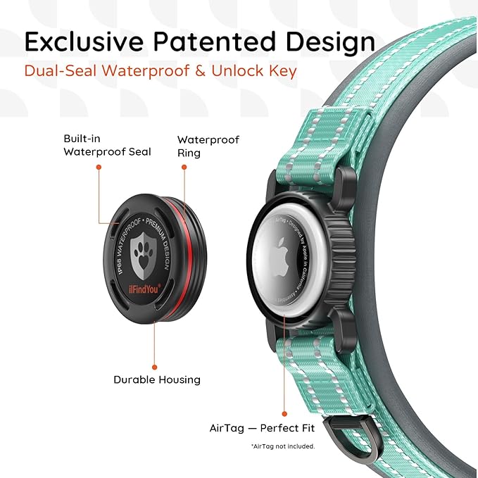 Upgraded AirTag Dog Collar with Holder, Waterproof Reflective Air Tag Dog Collar with Widened Comfortable Padding & Ultra-Durable Metal Buckle, Adjustable for Large Dogs (L, Cyan)