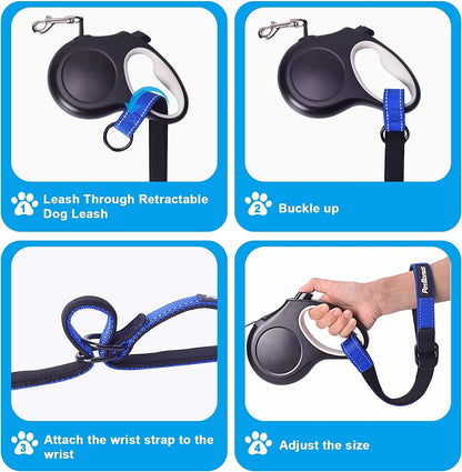 PetBonus 2 Packs Short Dog Leash, Safety Wrist Strap for Retractable Dog Leash, Reflective Design and Adjustable Soft Padded Handle, Extra Layer Security for Pet Stroller (Blue, Blue)