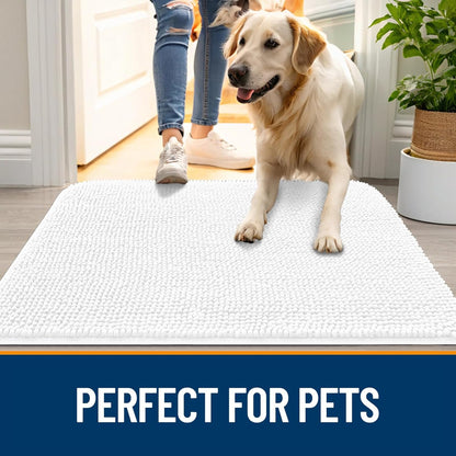 OLANLY Dog Door Mat for Muddy Paws 44x24, Absorbs Moisture and Dirt, Absorbent Non-Slip Washable Doormat, Quick Dry Chenille Mud Mat for Dogs, Entry Indoor Entryway Carpet for Inside Floor, White