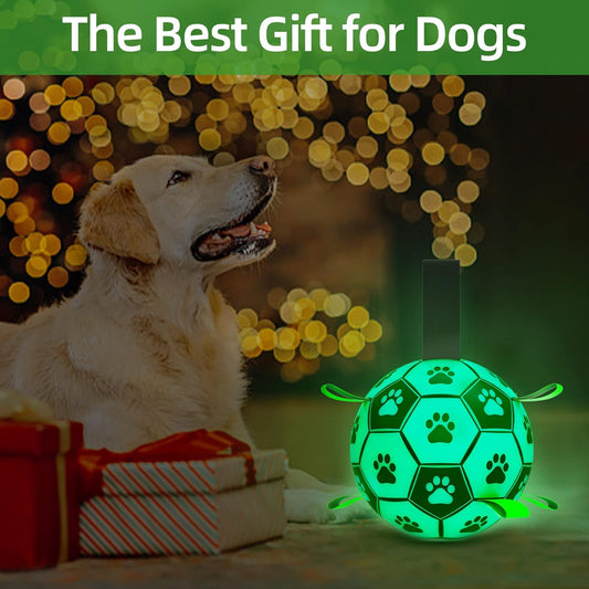 QDAN Glow in The Dark Dog Toys Soccer Ball with Straps, Outdoor Interactive Dog Toys Puppy Birthday Gifts, Dog Tug Water Toy, Light Up Dog Balls for Small & Medium Dogs(6 Inch Size 2)