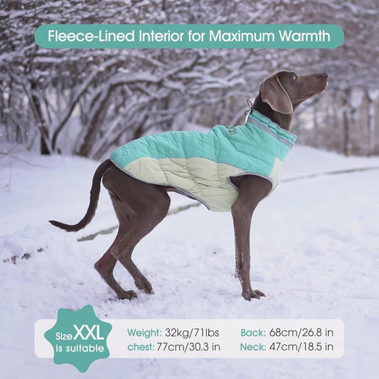 FUAMEY Dog Coat for Large Dogs,Waterproof Dog Winter Jacket with Harness Built in Puppy Cold Weather Coats Reflective Pet Vest with Zipper Warm Fleece Dogs Snowsuit Windproof Mint Green XXXL