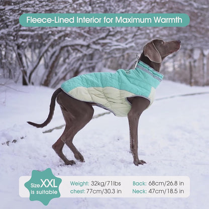 FUAMEY Dog Coat for Large Dogs,Waterproof Dog Winter Jacket with Harness Built in Puppy Cold Weather Coats Reflective Pet Vest with Zipper Warm Fleece Dogs Snowsuit Windproof Mint Green XL