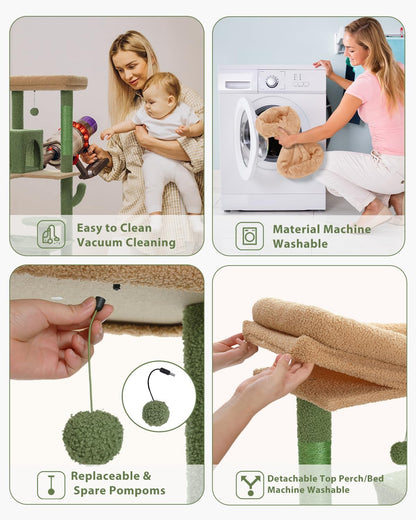 Cactus Cat Tree for Large Cats with Metal Plush Big Hammock, 56.3" Cat Tower for Indoor Cats with 2 Door Condo House, 6-Tier Cat Shelves with Scratching Posts and Large Top Perch,Green