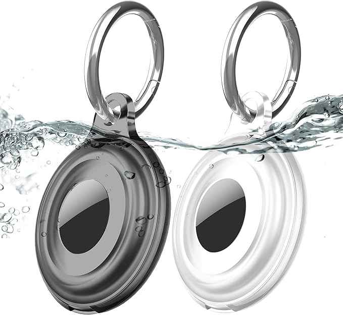 2 Pack IPX8 Waterproof Compatible with AirTag Keychain Holder Case,Lightweight, Anti-Scratch, Easy Installation,Soft Full-Body Shockproof for Luggage,Key Ring,Dog Collar,Belt Key Clip(Black/Clear)