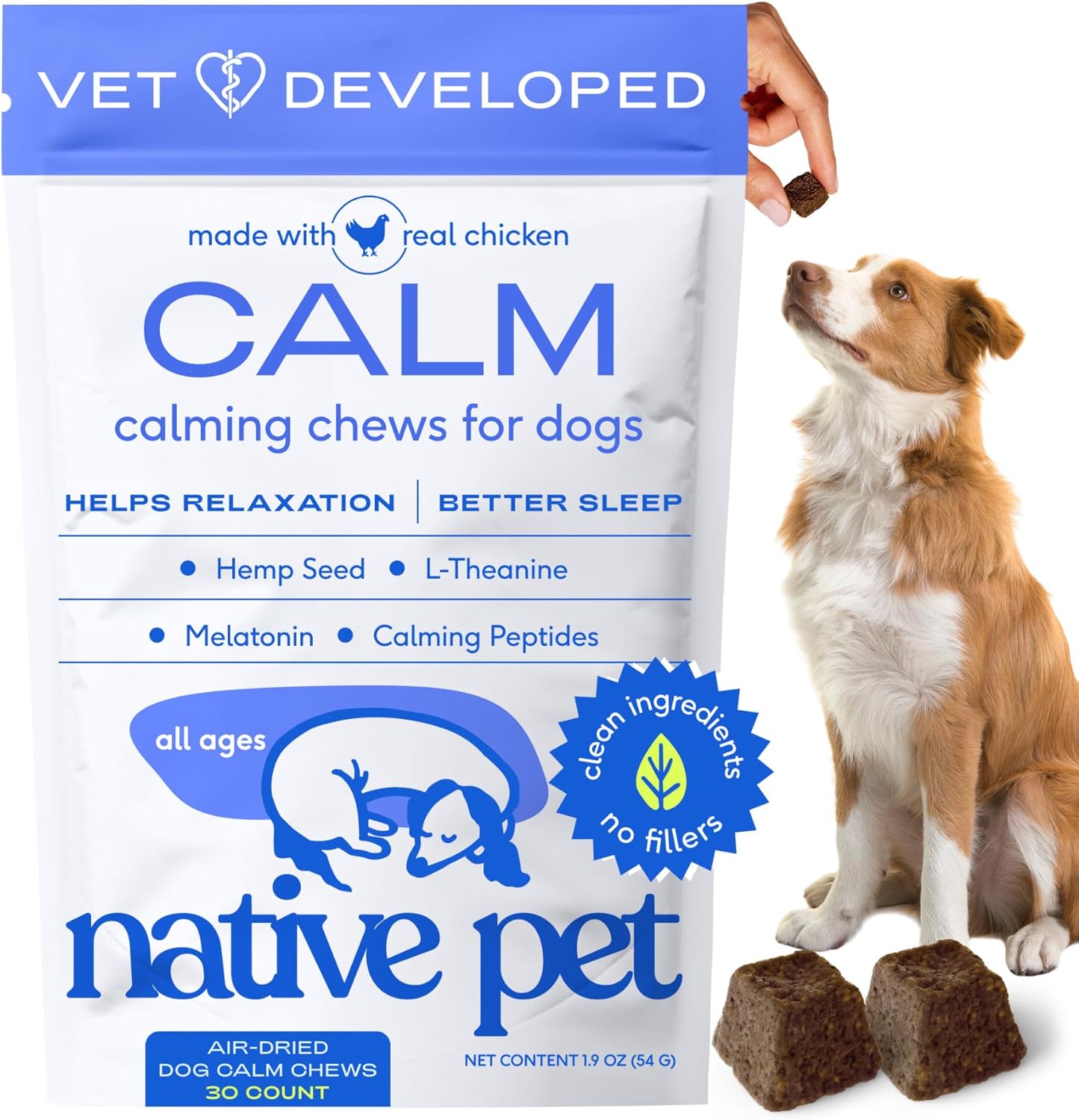 Native Pet Calming Chews for Dogs - Melatonin for Dogs Anxiety Relief - Grain Free All Natural Hemp Calming Treats & L-Theanine Helps Manage Stress & Separation Anxiety - Puppy Sleep Aid - 30 Chews