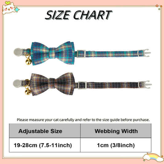 2 Pack Soft Cotton Cat Collars with Bowtie and Bell Breakaway Plaid Cat Kitten Collar(Ocean Blue and Mocha Tweed)