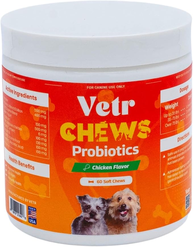 Vetr Probiotic Chews for Dogs - Chicken Flavored - Probiotics for Digestive Health - 60 Soft Chews - Vet-Formulated in USA