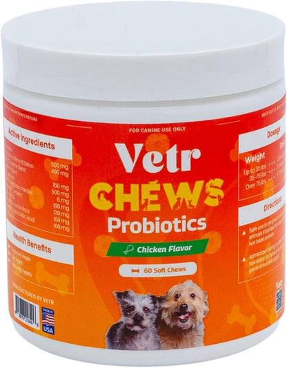 Vetr Probiotic Chews for Dogs - Chicken Flavored - Probiotics for Digestive Health - 60 Soft Chews - Vet-Formulated in USA