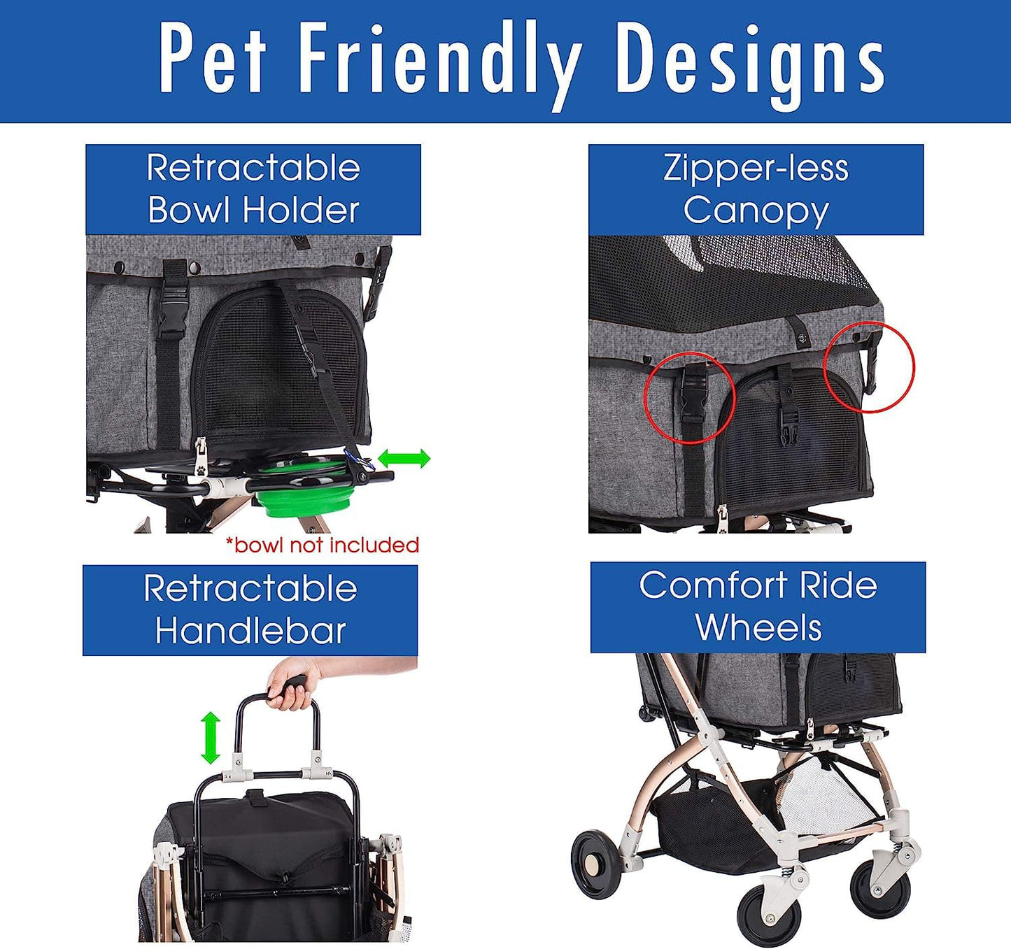 HPZ-PR America Pet Rover Lite Premium Light-Weight Dog/Cat/Pet Stroller Travel Carriage with Convertible Compartment/Aluminum Frame for Small & Medium Pets (Gray 2nd-Gen.)